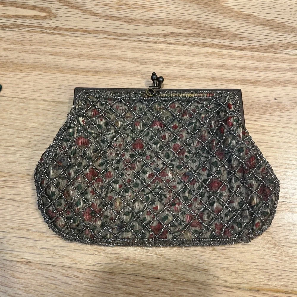 Vintage Beaded Clutch Handbag Evening Purse Floral Made In France